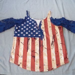 Women's American flag Stars&stripes cold shoulder lace t-shirt v-neck side med